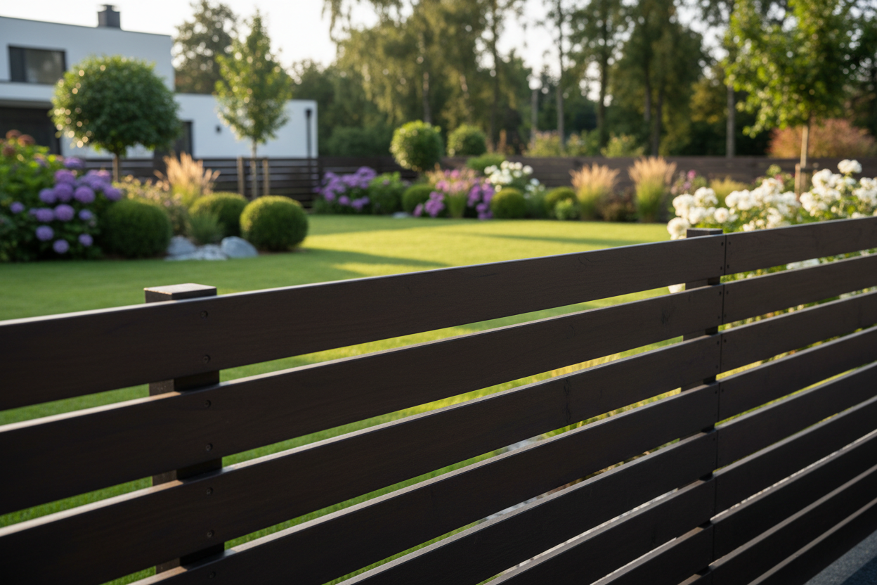 create an image of a modern venetian fencing in a well landscaped garden with the fence as the main focus