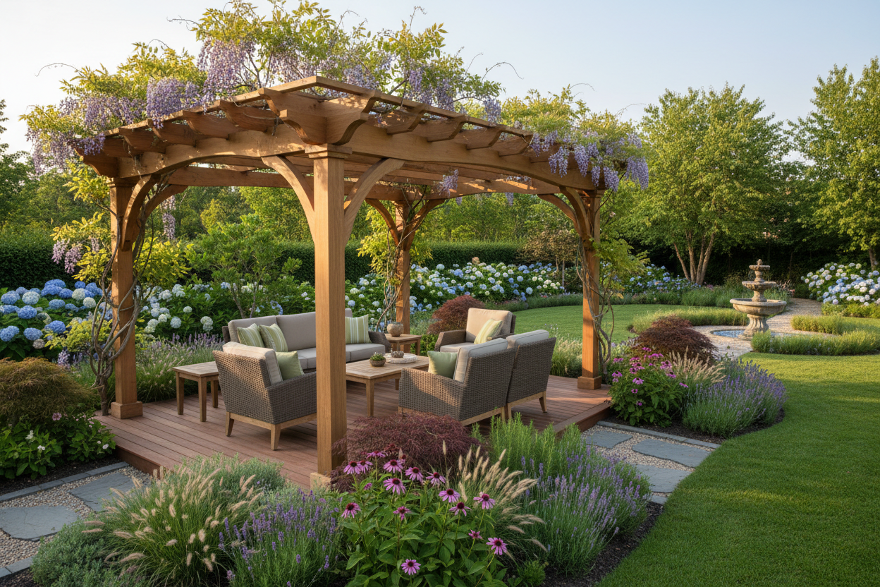 create an image of a pergola in a nicely landscaped garden with decking