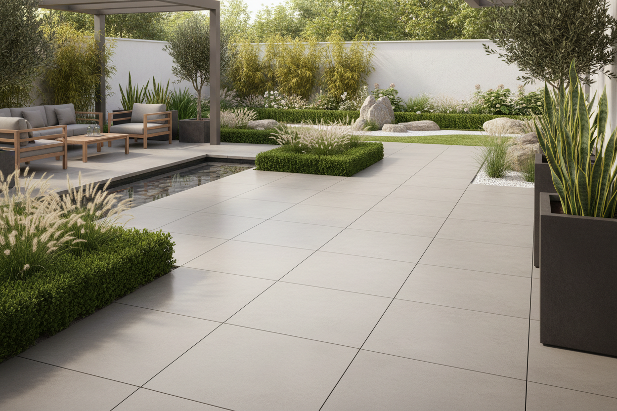 picture of some nice porcelain patio tiles in a modern landscaped garden